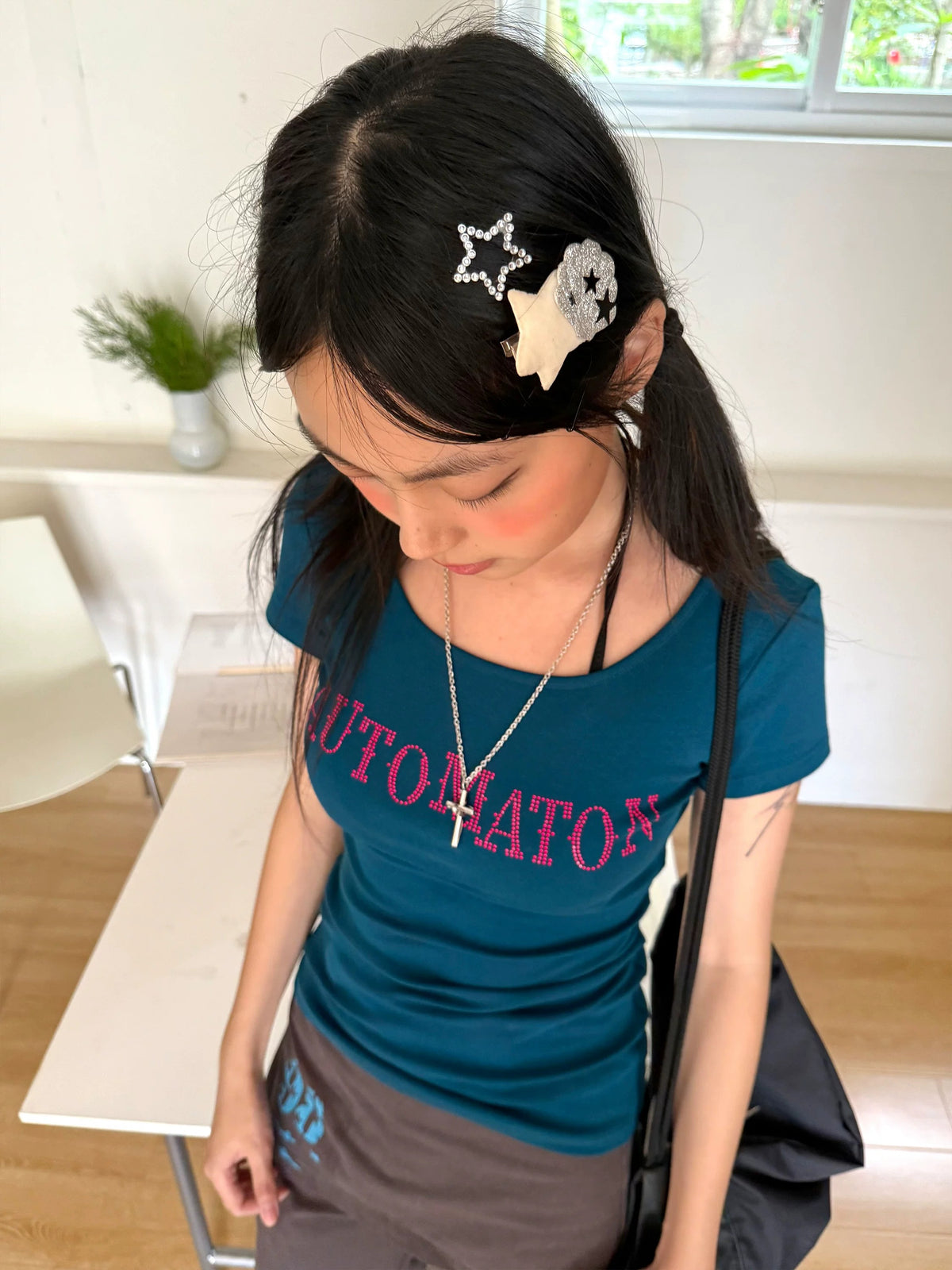 Dark Navy Rhinestone Letter Fitted Baby Tee