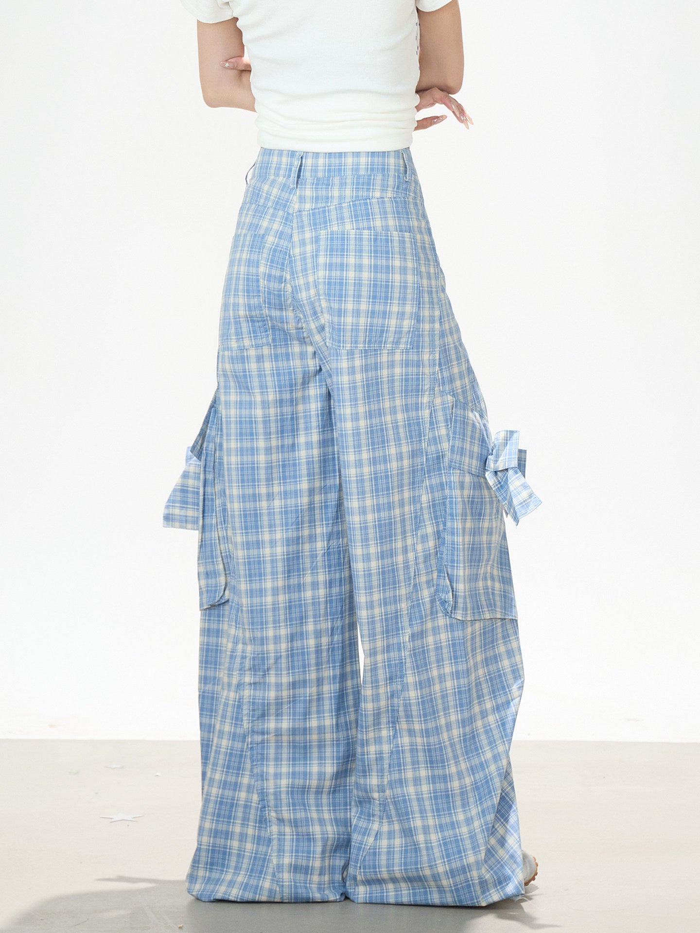 Bow Plaid Cargo Wide Leg Pants