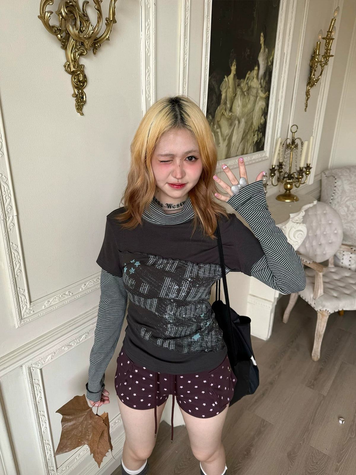Striped Mock Neck Faux-Layer Graphic Long Sleeve Top