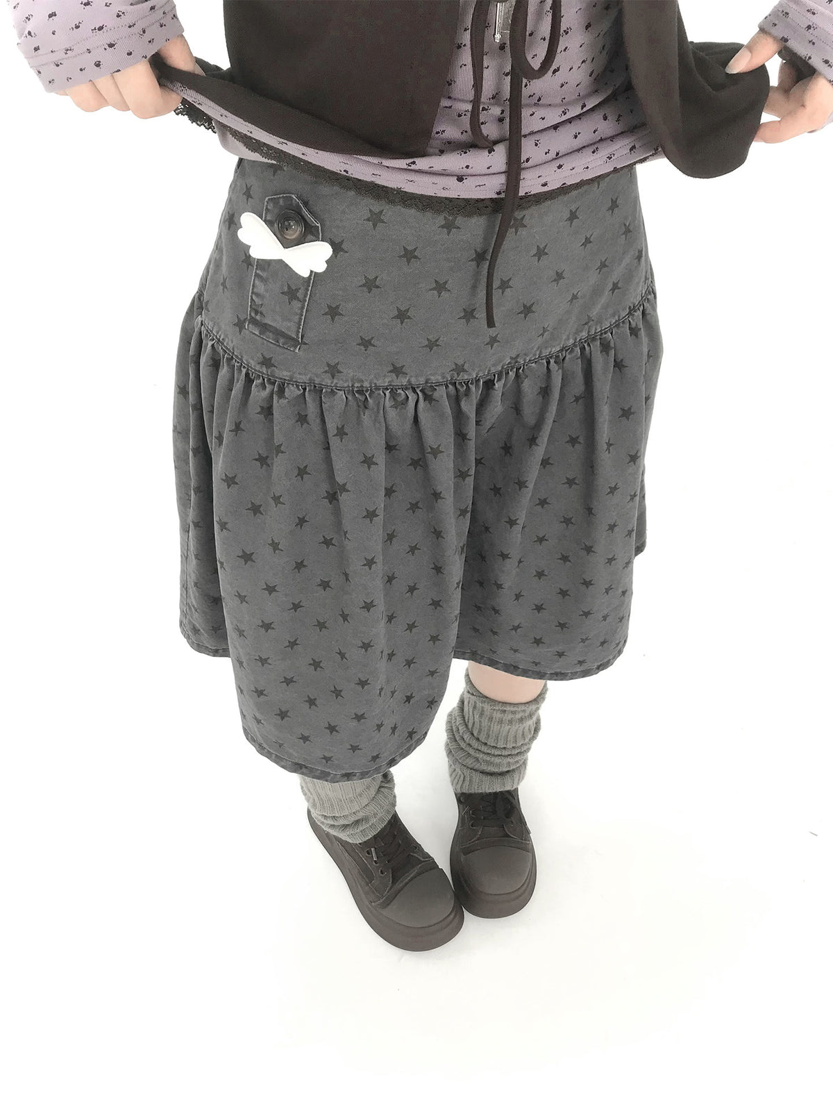 Star Print Drop-Waist A-Line Skirt