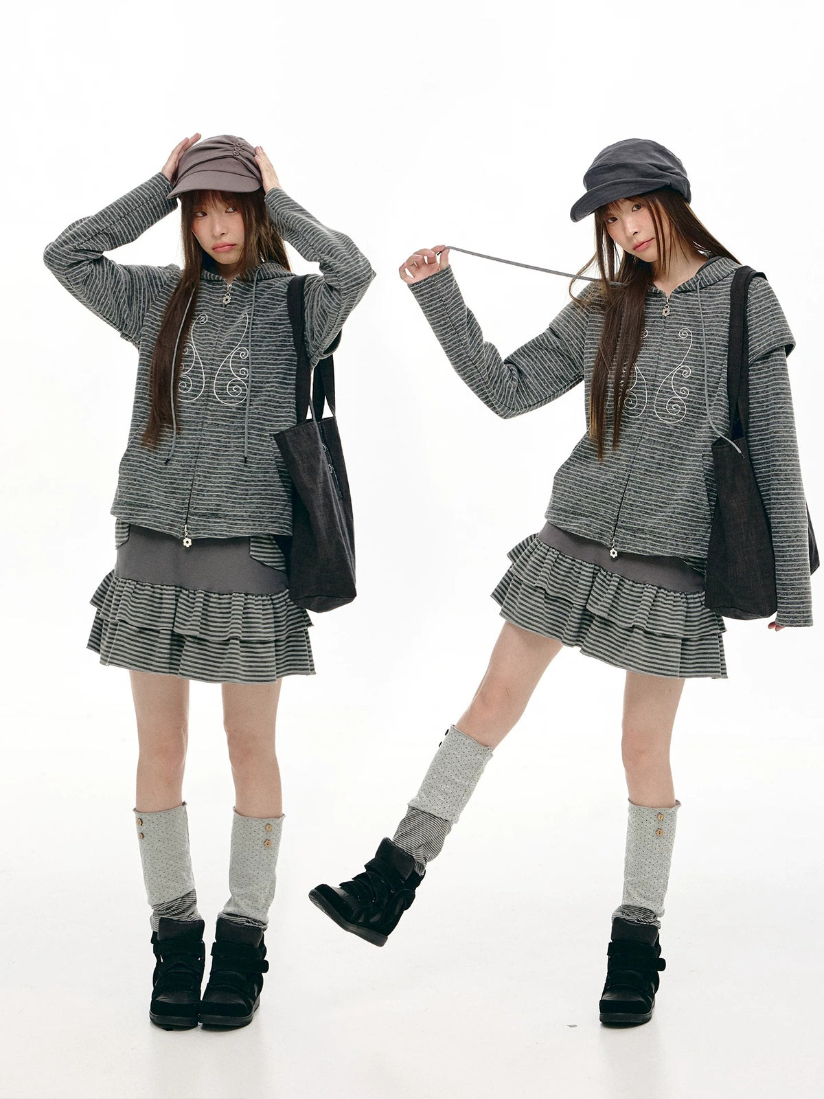 Charcoal Stripe Double-Ruffle A-Line Mini Skirt