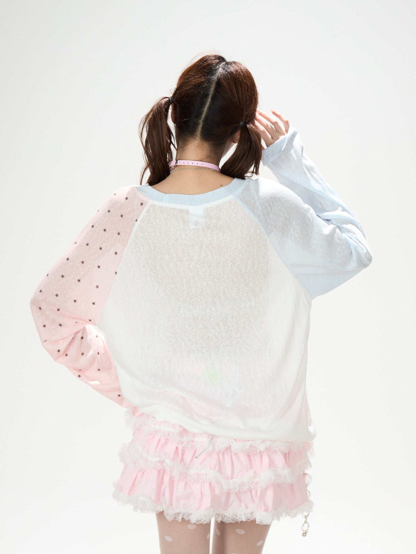 Cartoon Star Sheer Long Sleeve Top & Black Music Lace Gingham Mini Skirt