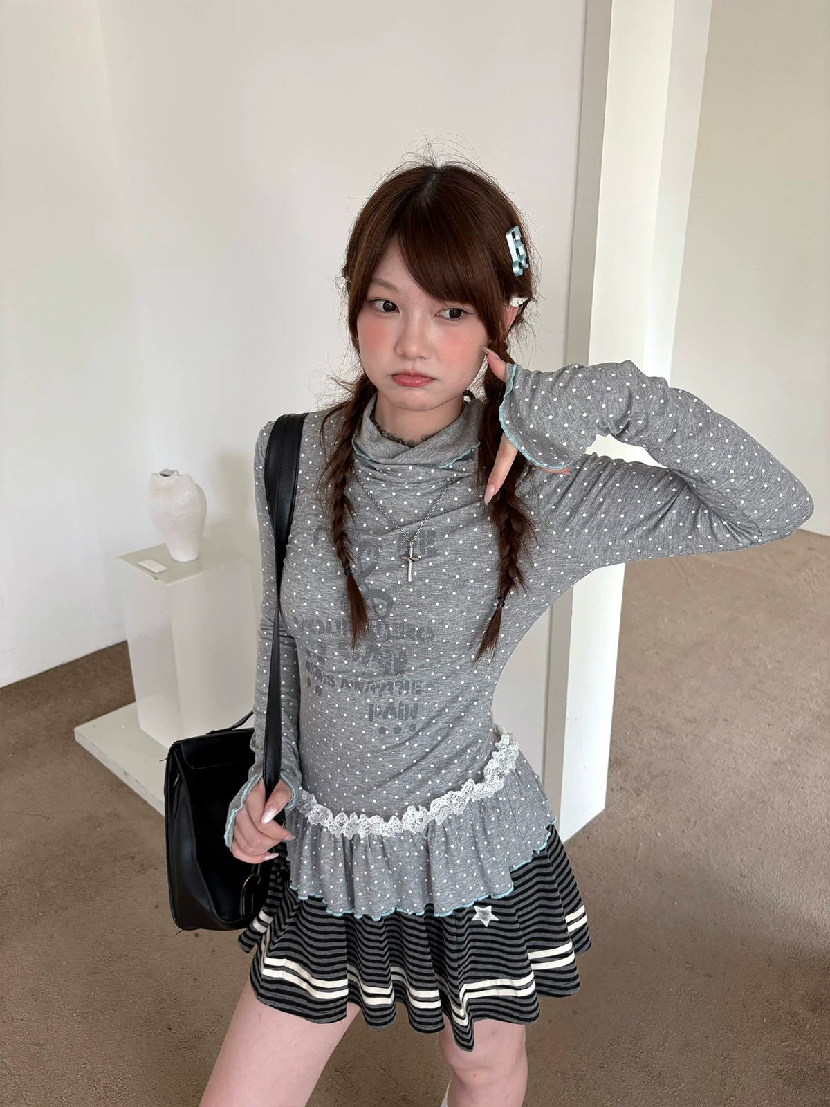 Polka Dot Lace-Trim Mock-Neck Long Sleeve Top