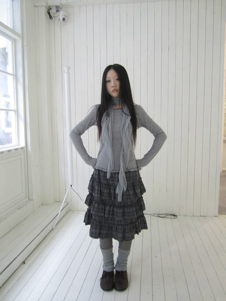 Vintage Gray Plaid Tiered Ruffle Skirt