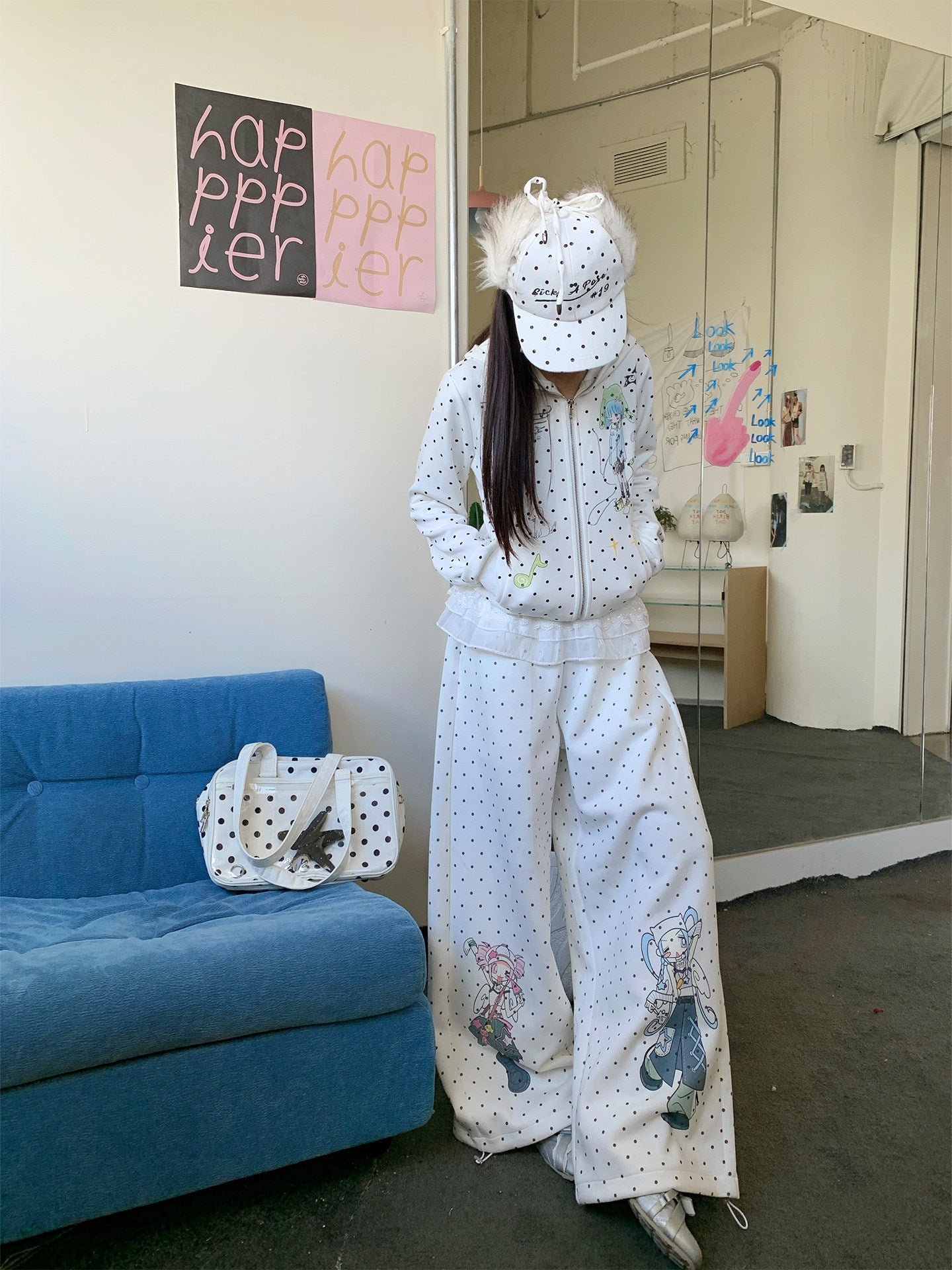 Polka Dot Girl Graphic Wide-Leg Sweatpants