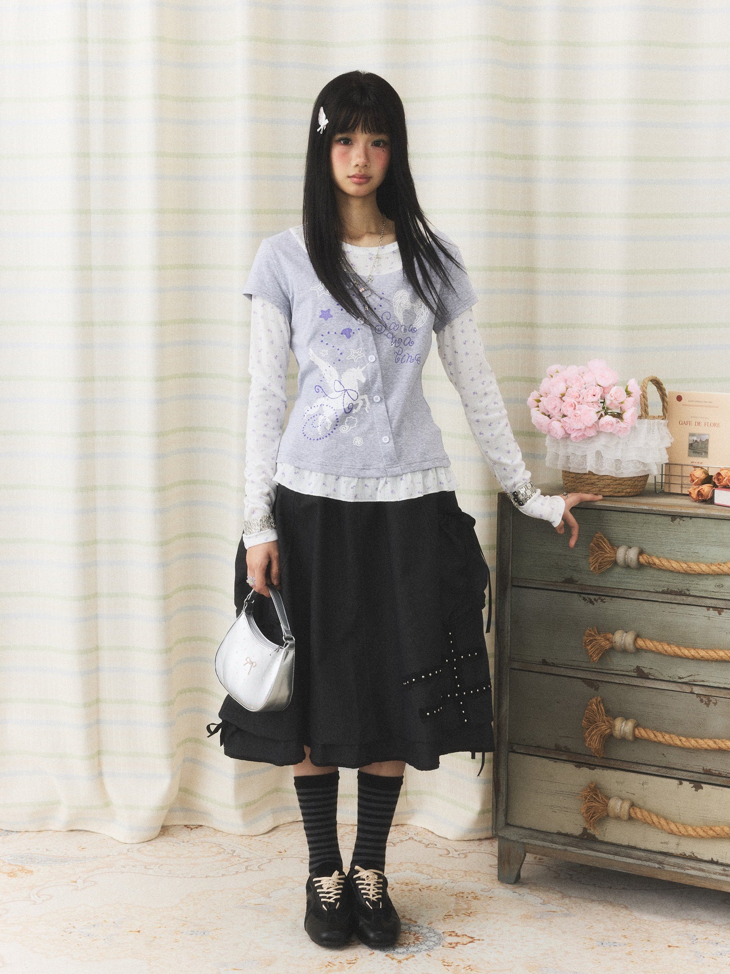 Lavender Wing Floral Faux-Layer Long-Sleeve Tee