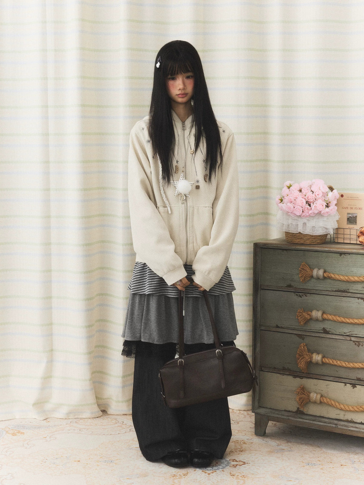 Star & Moon Embroidered Zip-Up Hoodie