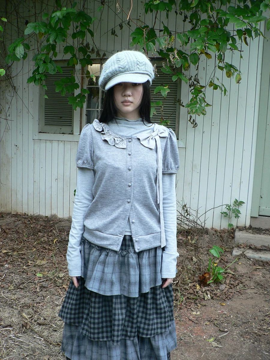 Bow-Detail Knit Cardigan & Long Sleeve Two-Piece Set