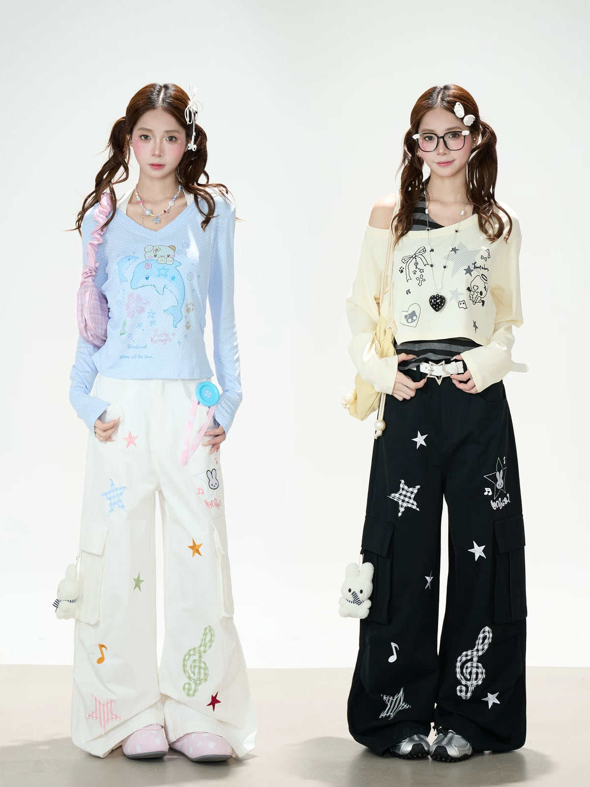 Cartoon Patch Embroidered Wide-Leg Cargo Pants