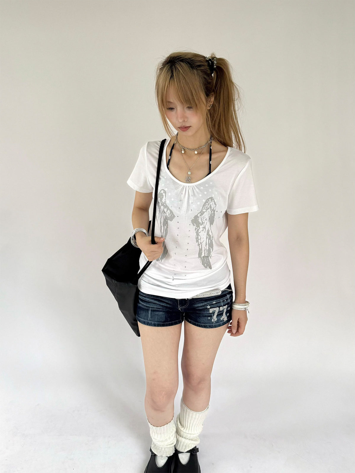 Angel Wing Rhinestone Ruched Tee