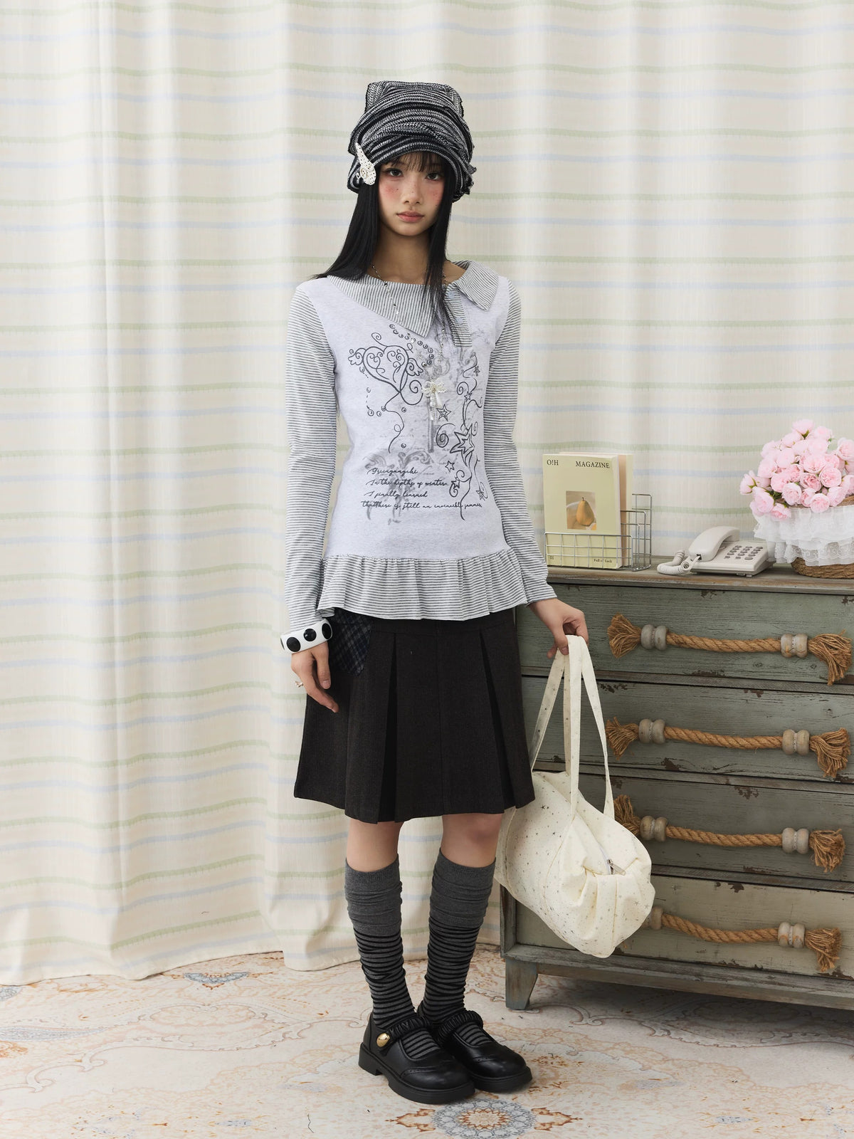 Graphic Stripe Faux-Layer Ruffle-Hem Long Sleeve Top