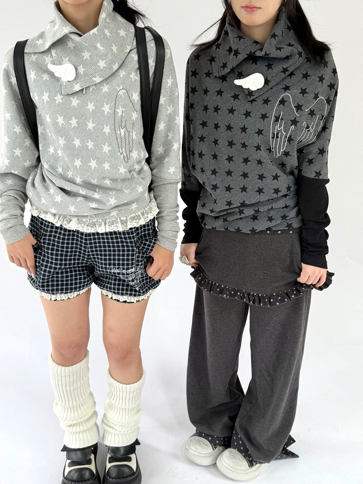 Asymmetric Star Drape Faux-Layer Long Sleeve Top