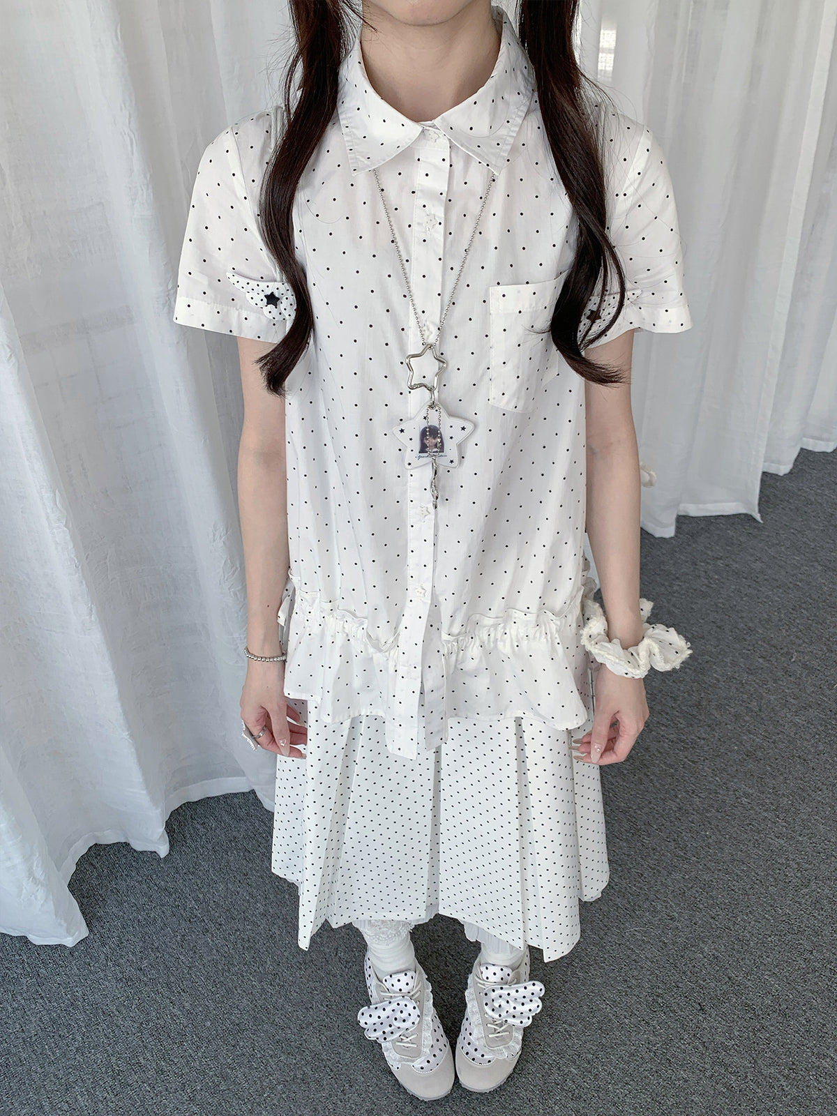 Polka Dot Ruffle-Hem Short Sleeve Shirt