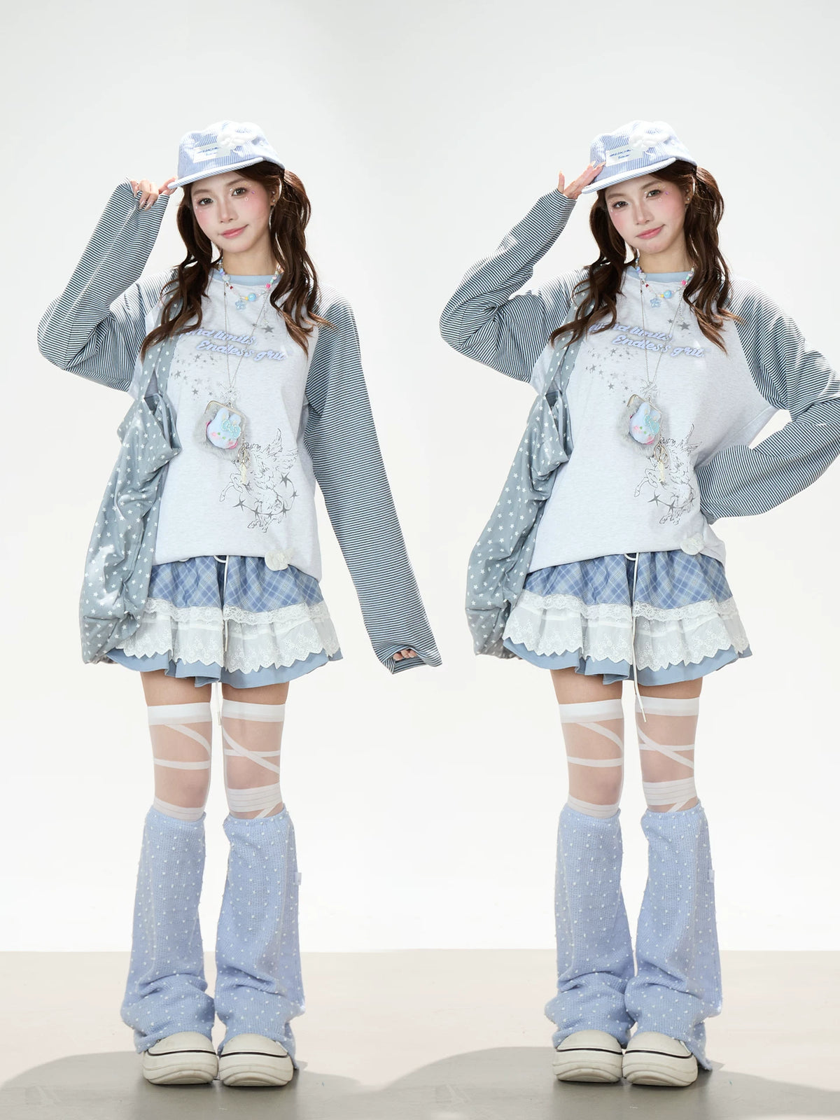 Striped Raglan Angel Graphic Long Sleeve Tee & Blue Plaid Lace Ruffle Skirt