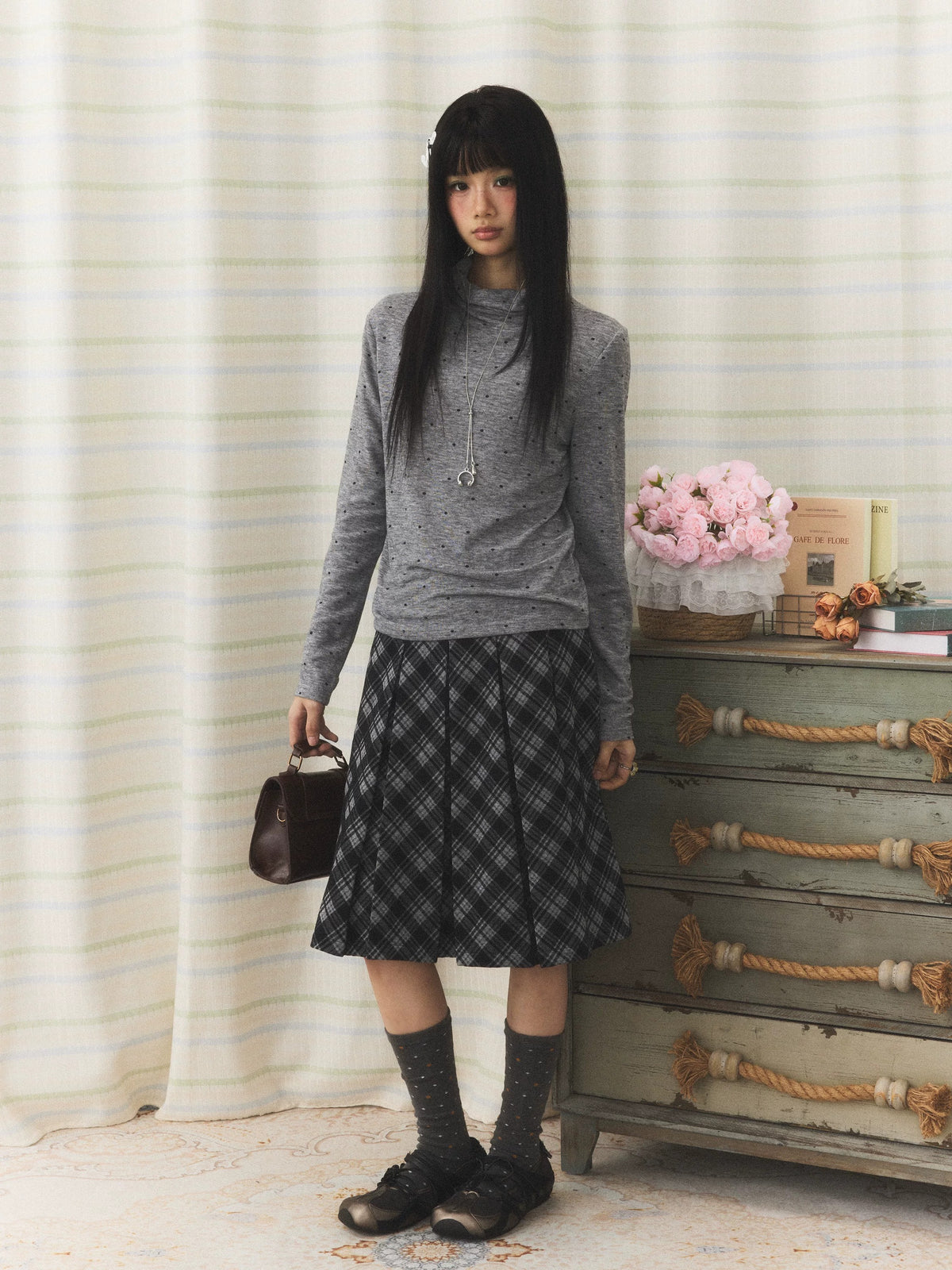 Polka Dot Mock-Neck Long Sleeve Top