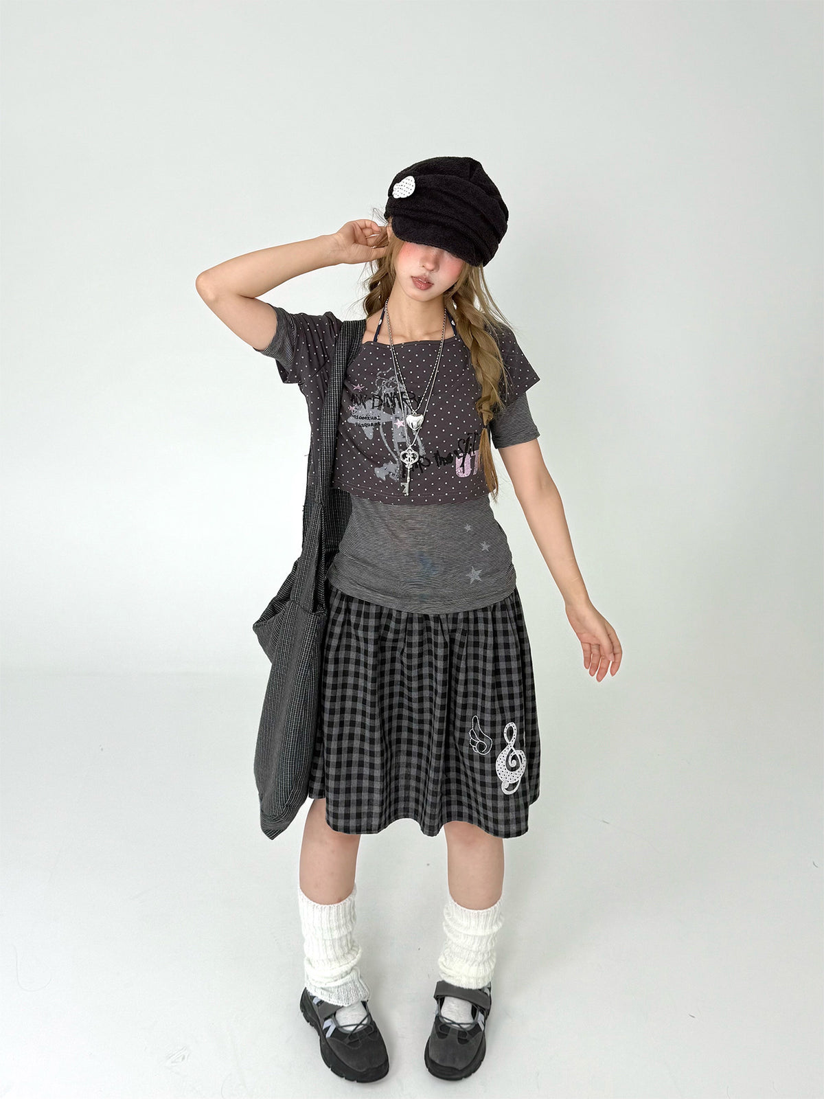 Pastel Anime Plaid Long Sleeve Top & Camo Lace-Trim Midi Skirt