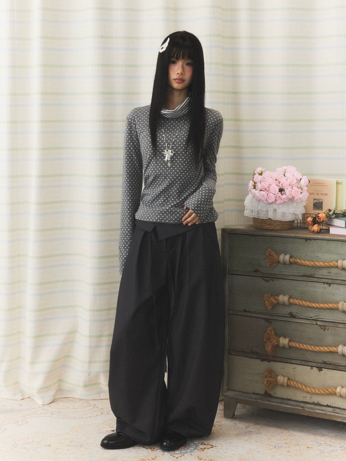 Polka Dot Contrast Turtleneck Long Sleeve Top