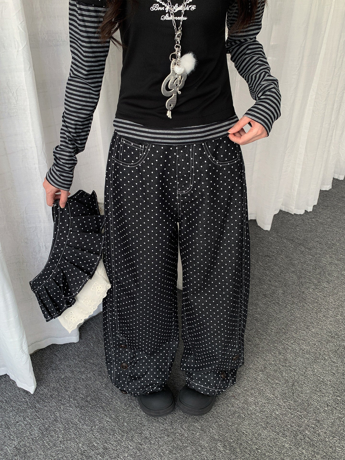 Detachable Frill Denim — Black Wide Leg