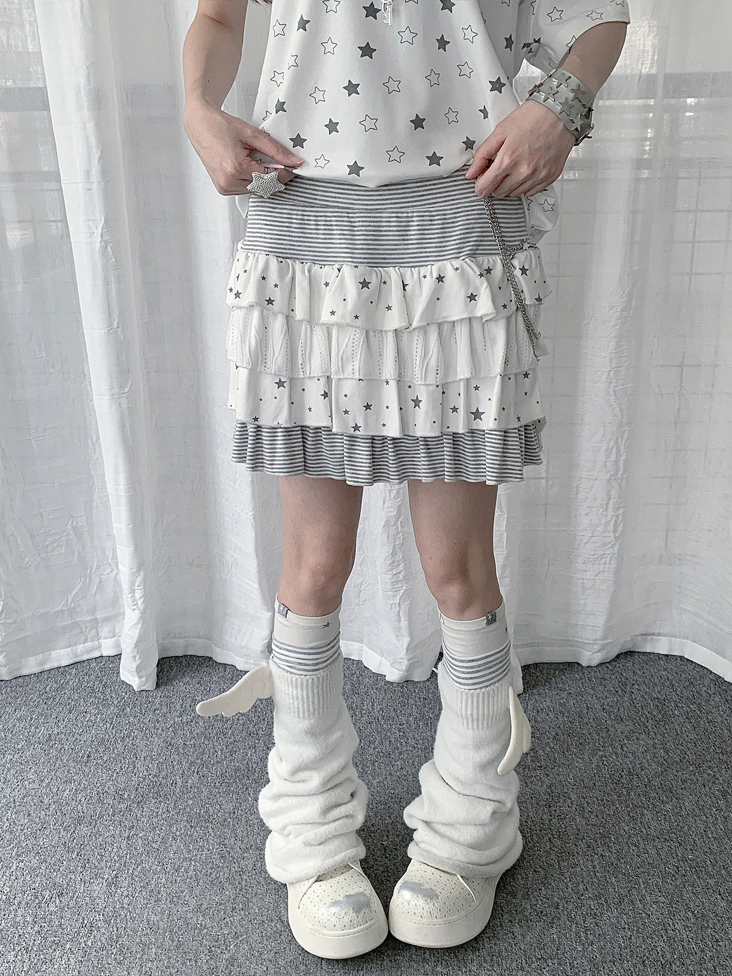 Star Stripe Tiered Ruffle Mini Skirt