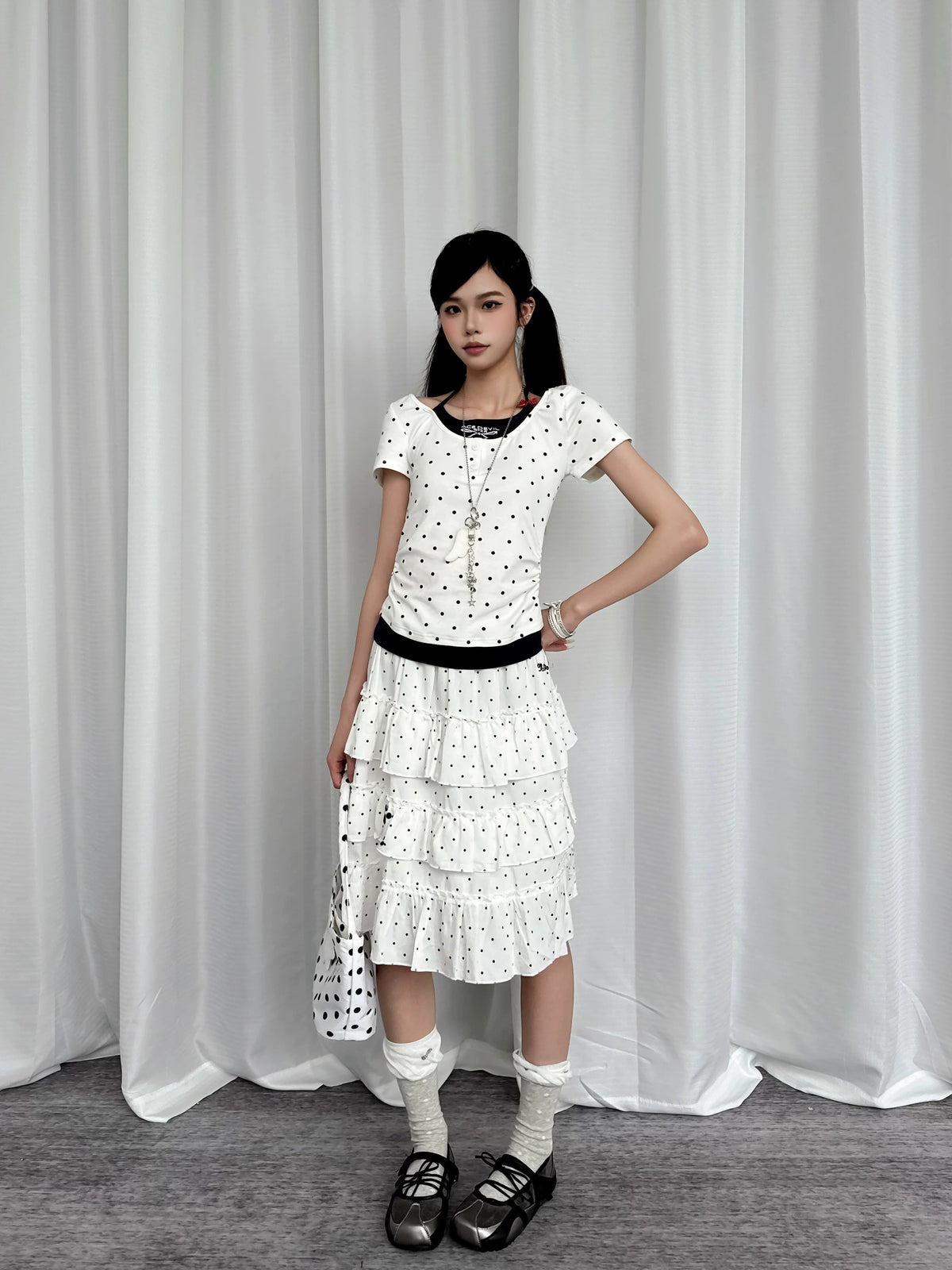 Paw Embroidered Polka Dot Tiered Midi Skirt