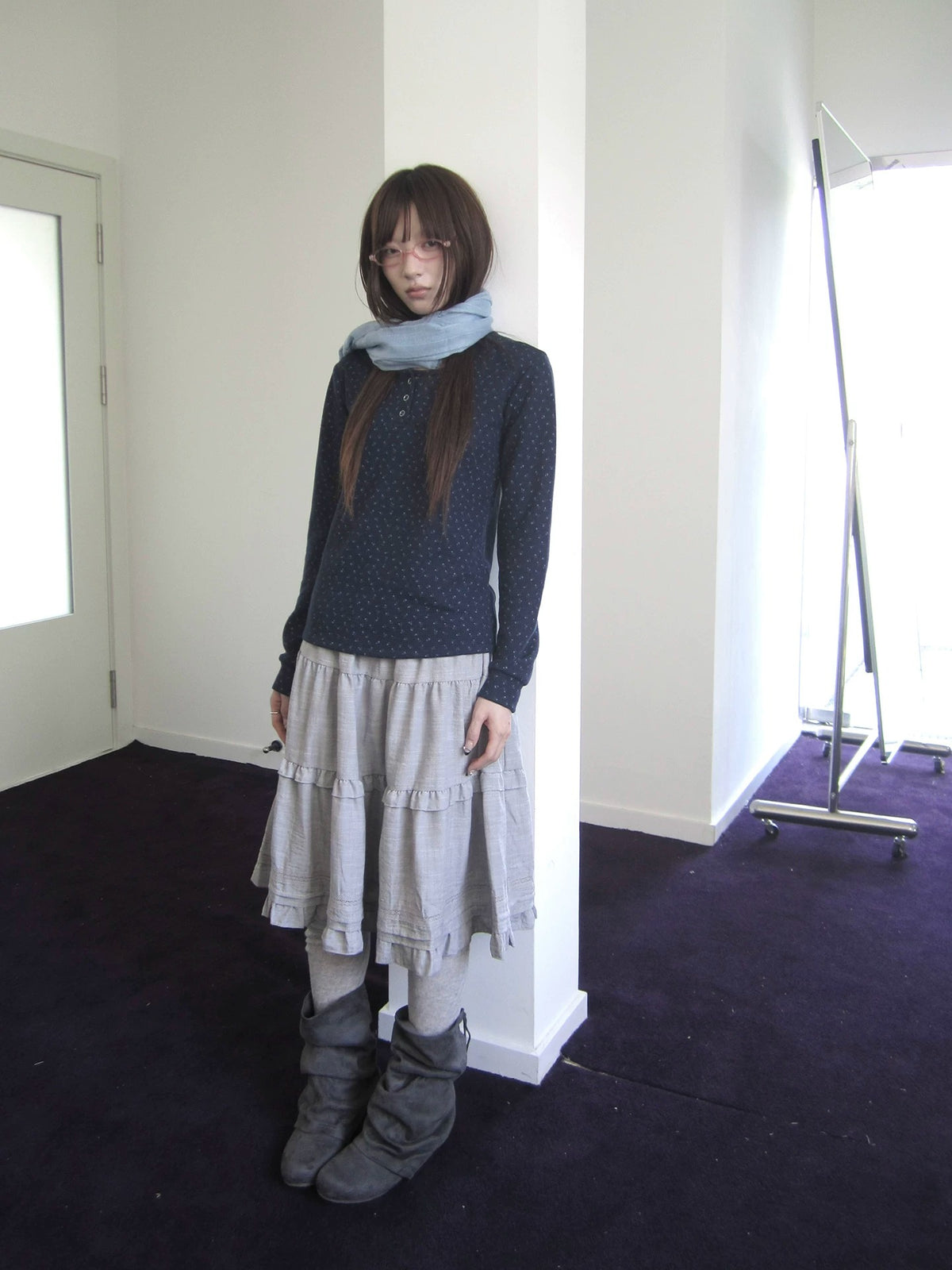 Tiny Floral Waffle Henley Long Sleeve Top