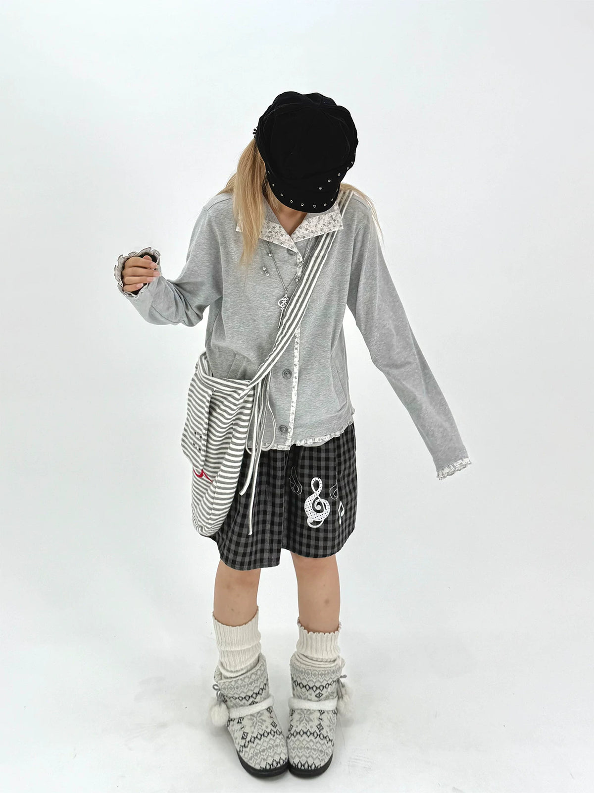 Floral-Trim Stand Collar Button Cardigan
