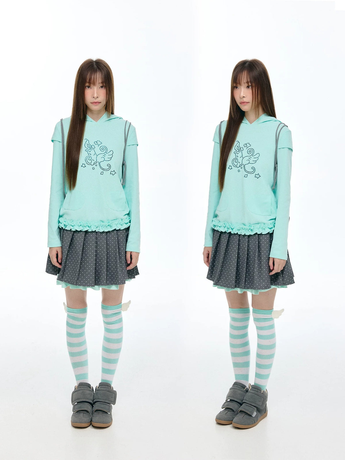Rhinestone Graphic Faux-Layer Ruffle-Hem Hoodie