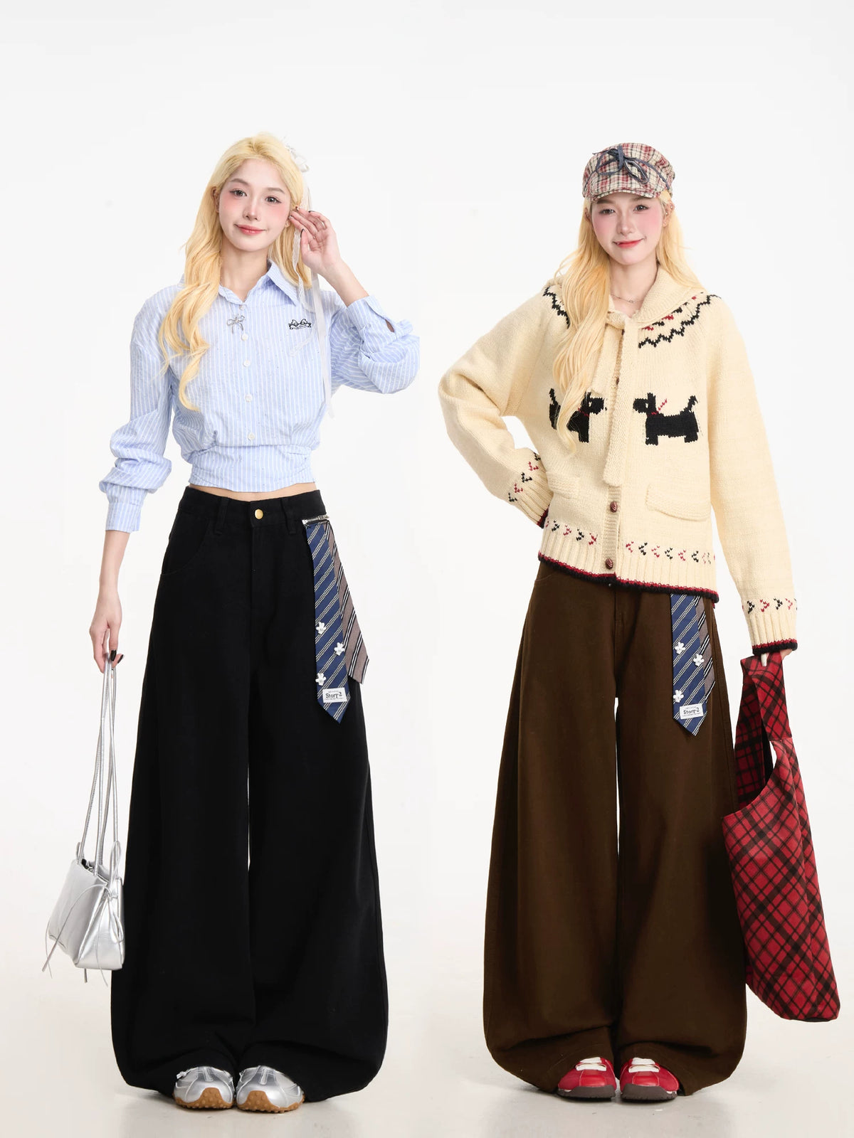 Curved-Leg Wide-Leg Pants with Detachable Tie