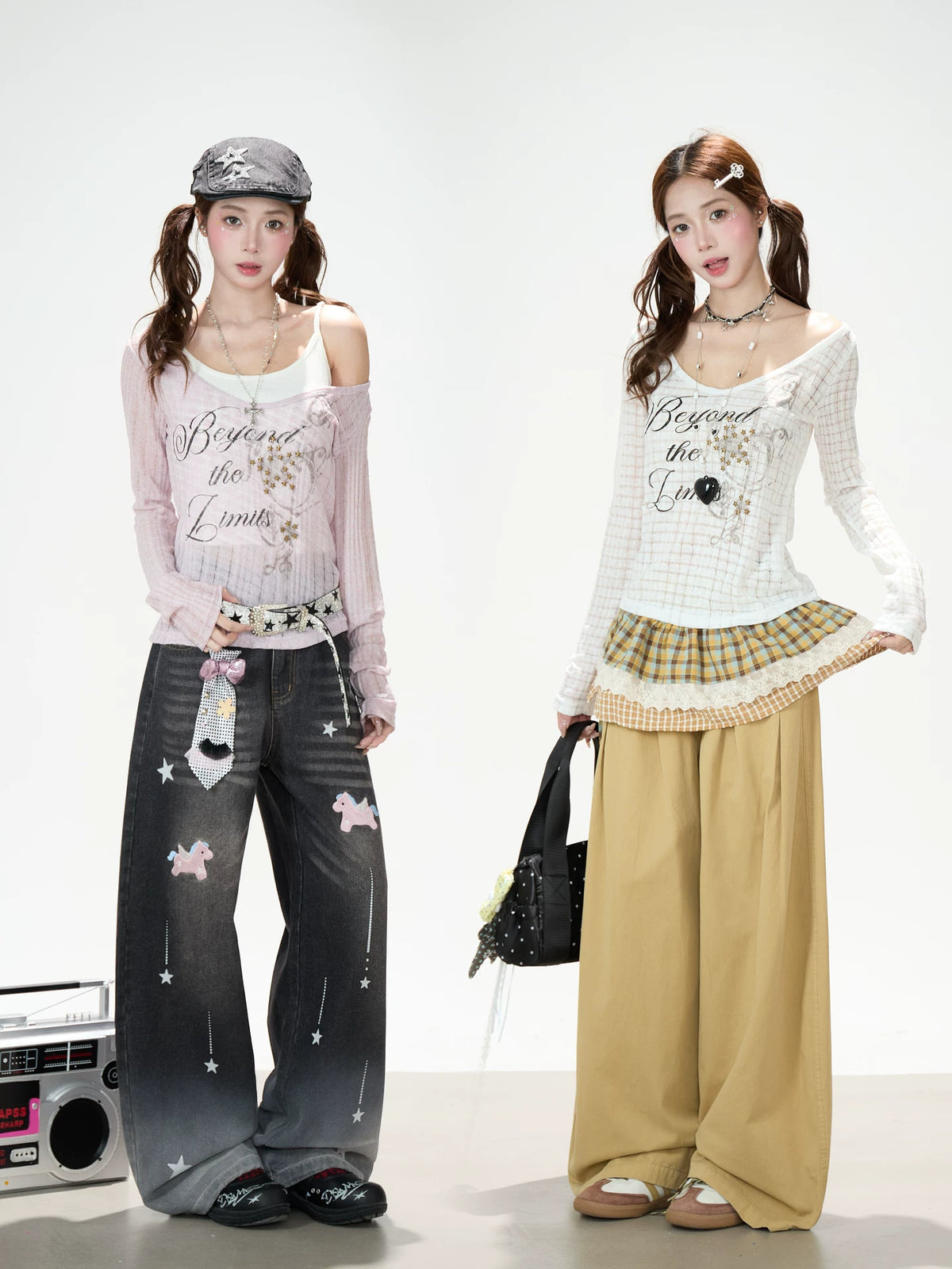 Beyond the Limits Sheer Grid Long Sleeve Top & Pony Star Wide-Leg Jeans