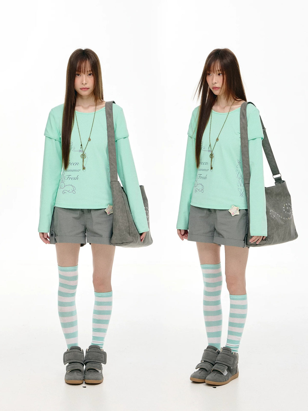 Mint Haze Faux-Layer Graphic Long Sleeve Top