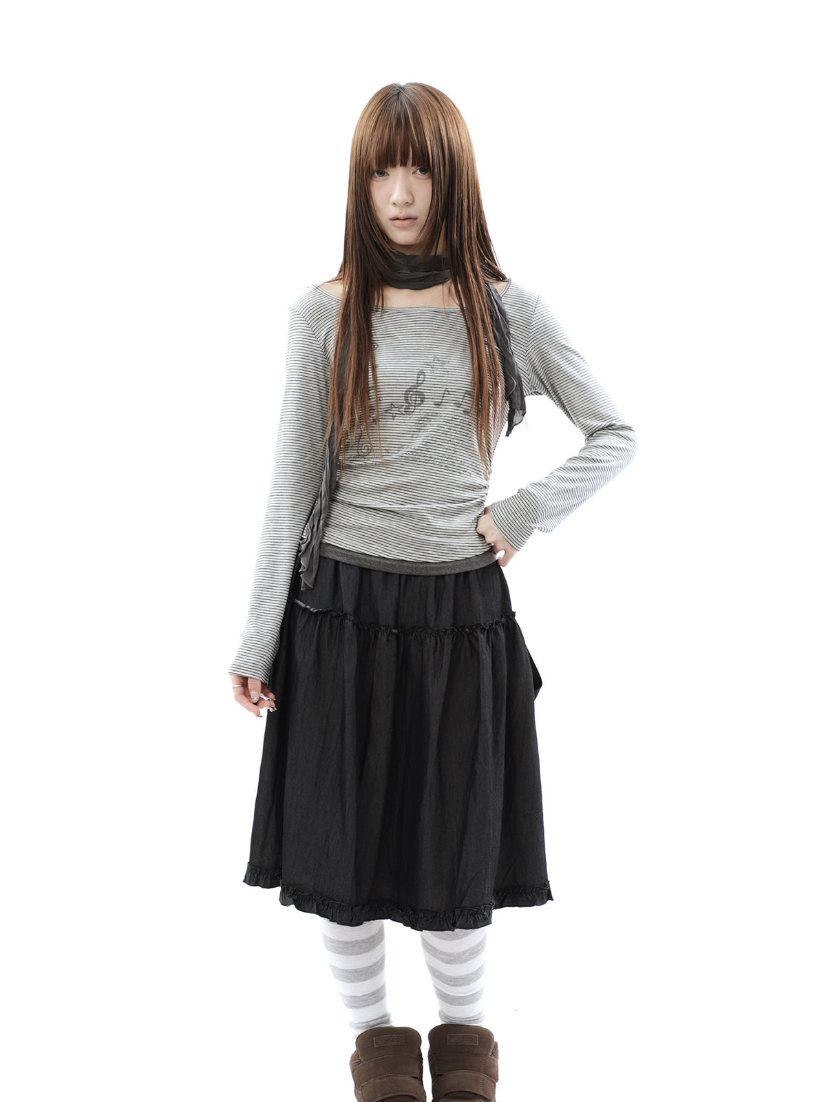 Washed Black Ruffle-Tiered Denim Midi Skirt