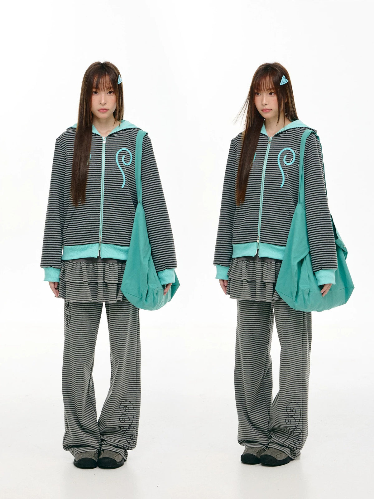 Striped Ruffle-Overlay Wide-Leg Pants