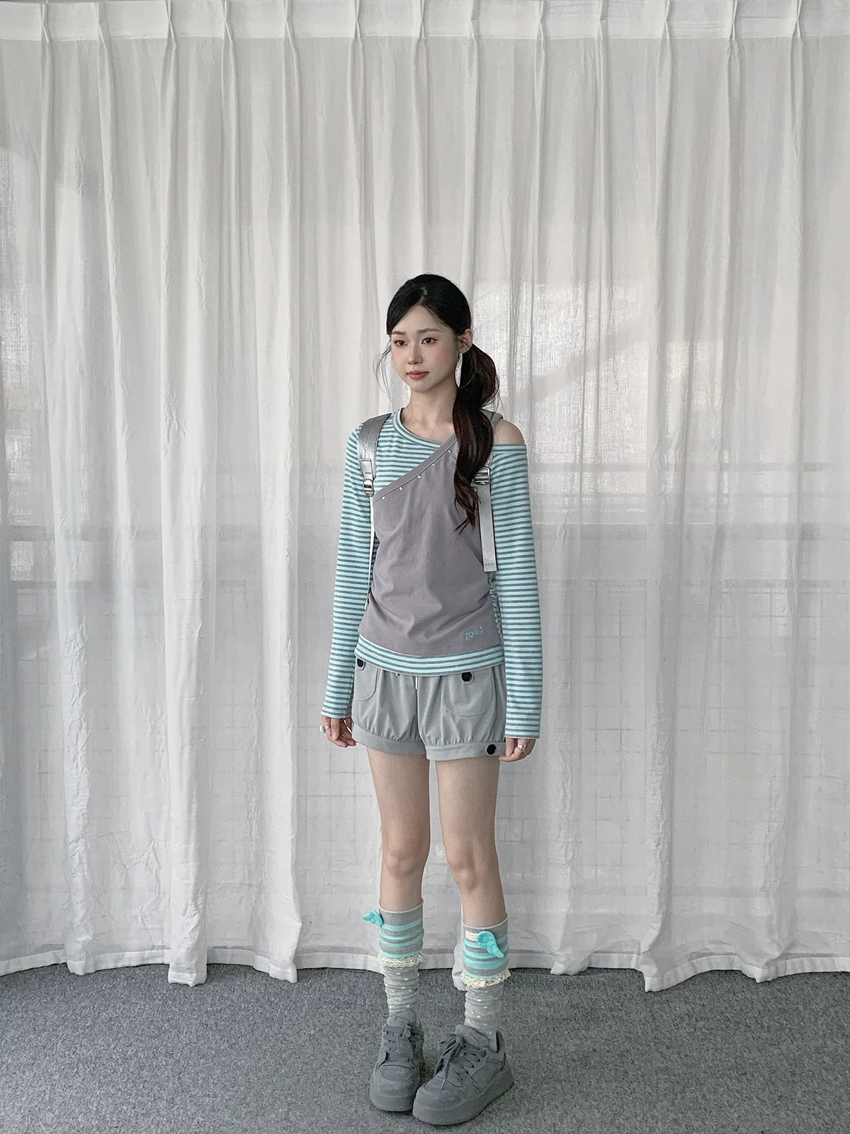 Gray Mint Stripe Asymmetric Faux-Layer Long Sleeve Top