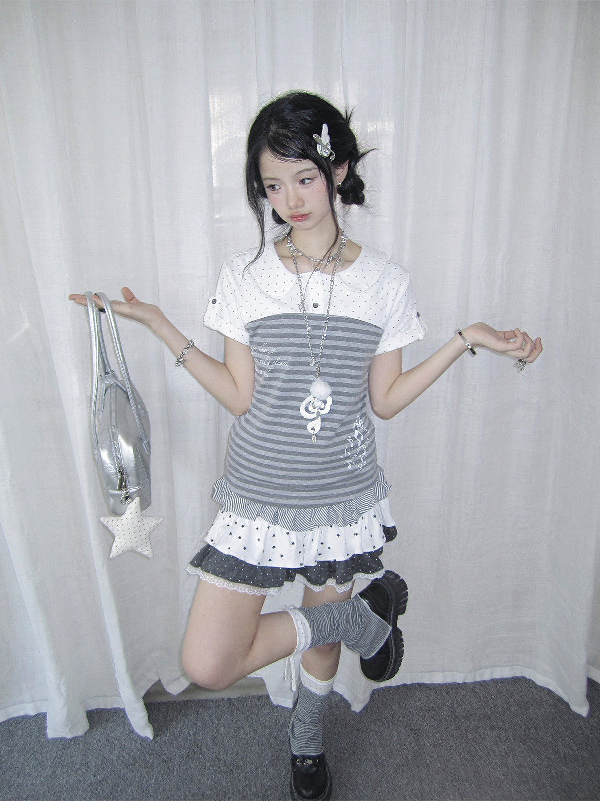Gray Polka Dot Stripe Peter Pan Collar Top