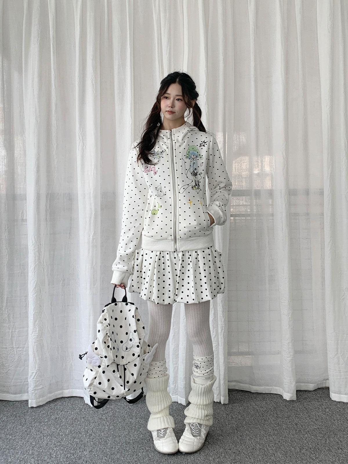 Polka Dot Devil-Horn Cartoon Girl Zip Hoodie