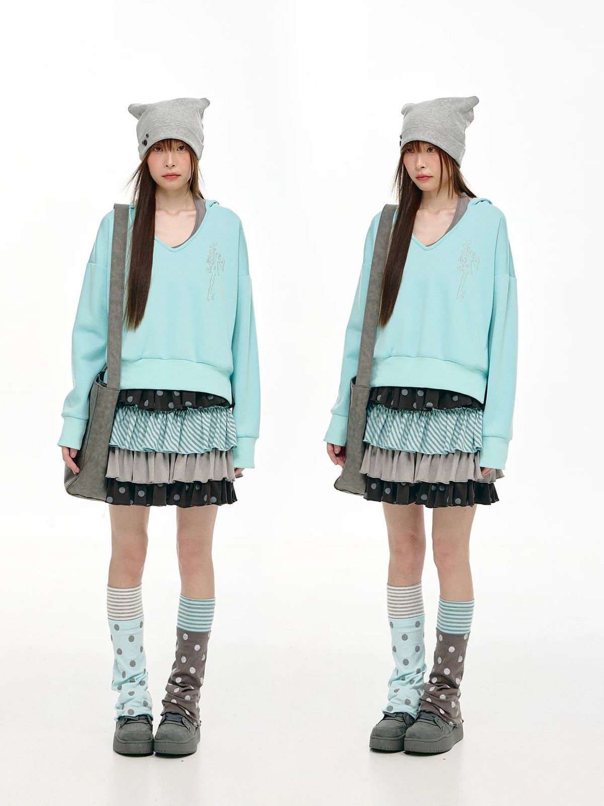 Gray Green Polka Dot & Stripe Tiered Mini Skirt