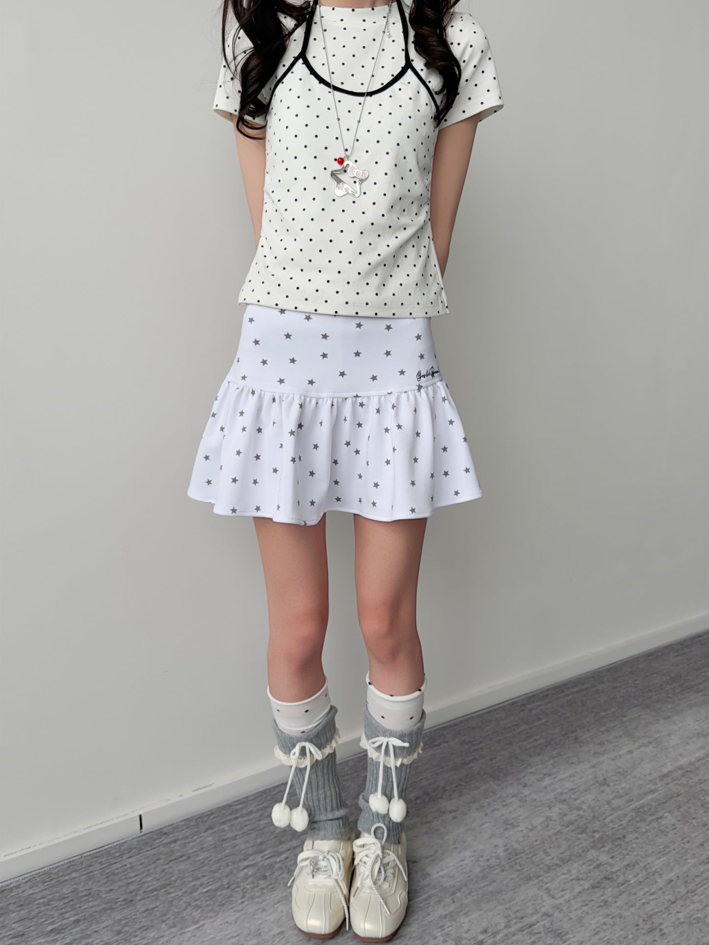 Polka Dot Faux-Layer Halter Fitted Tee