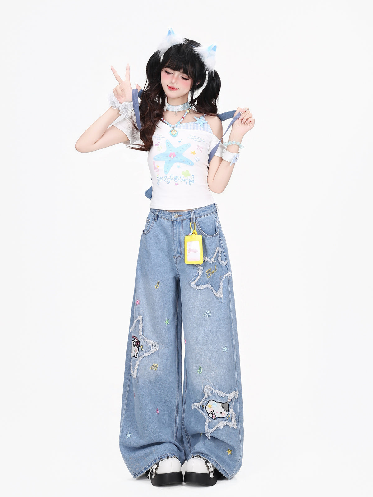 Star Cat Patch Wide-Leg Jeans with Card Holder Charm