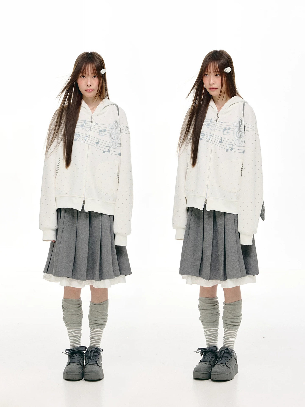 Gray Melody Polka Dot Graphic Zip Hoodie