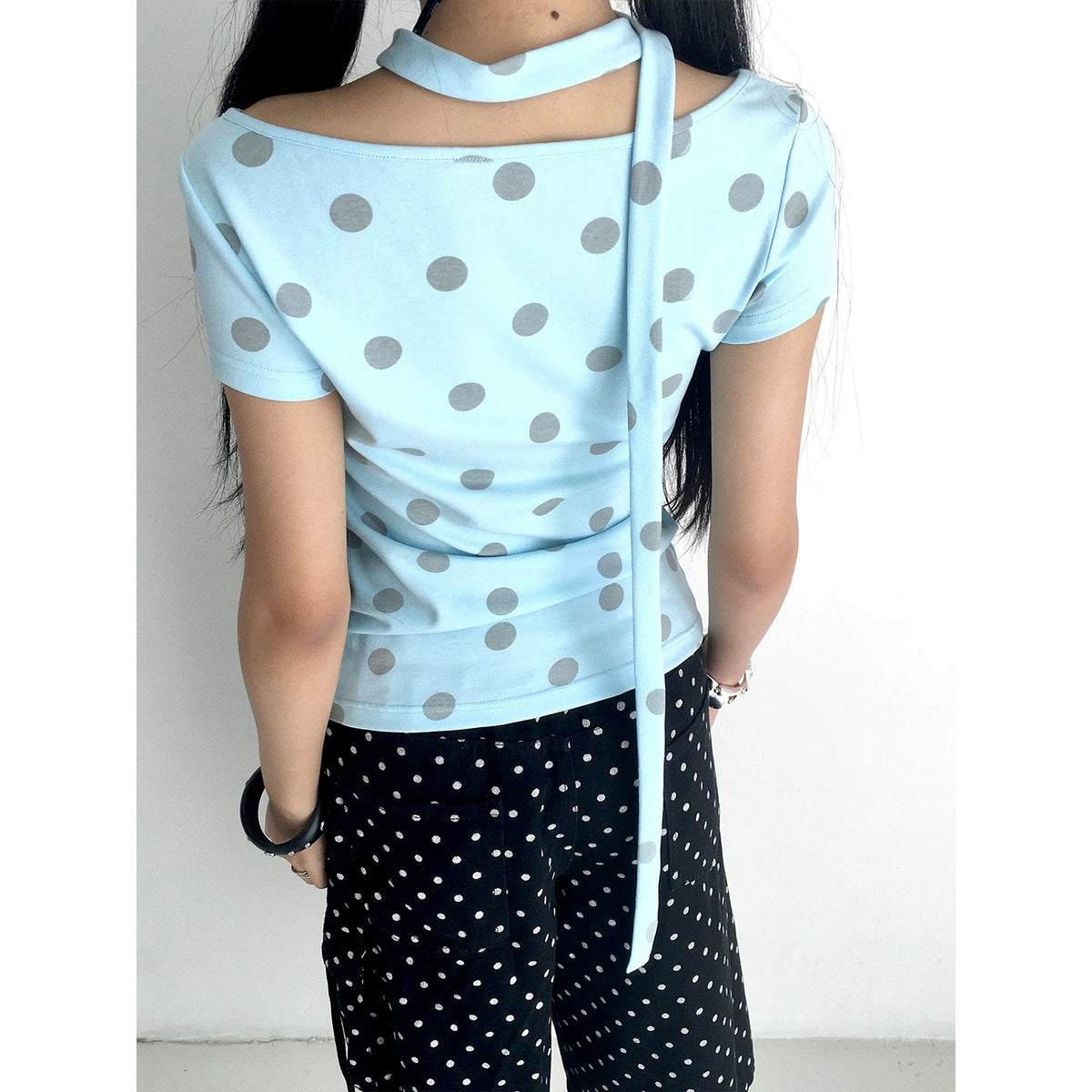 Polka Dot Scarf Short Sleeve Top