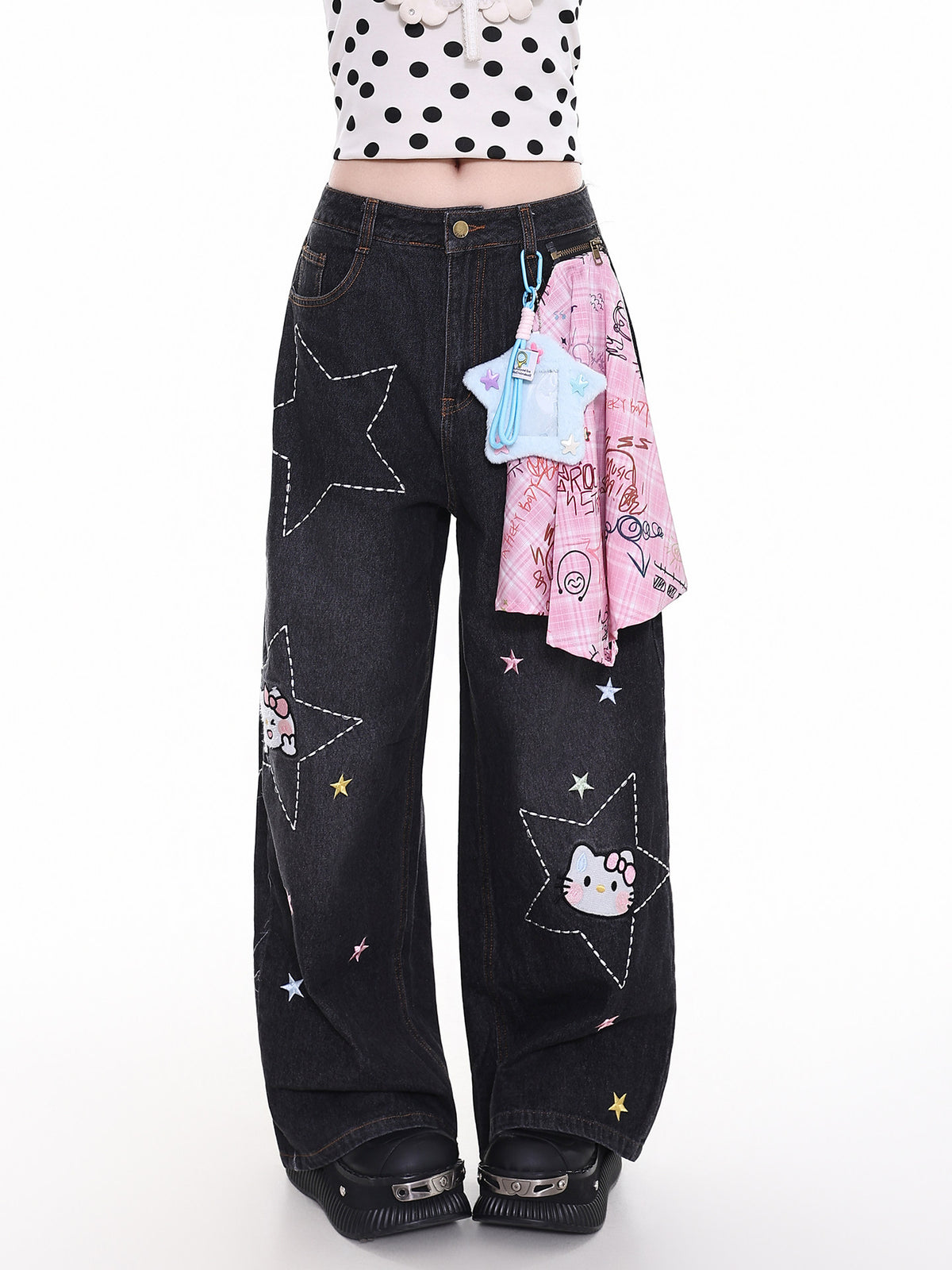 Cartoon Cat Star-Stitch Layered Wide-Leg Jeans with Charm