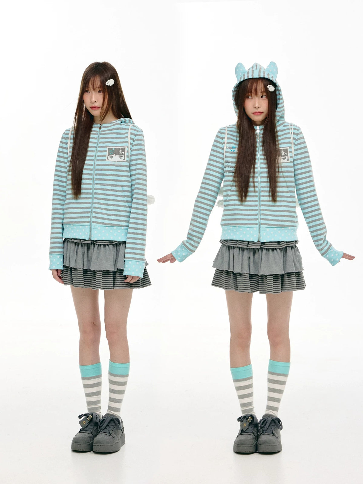 Mint & Gray Stripe Cat-Ear Zip Hoodie