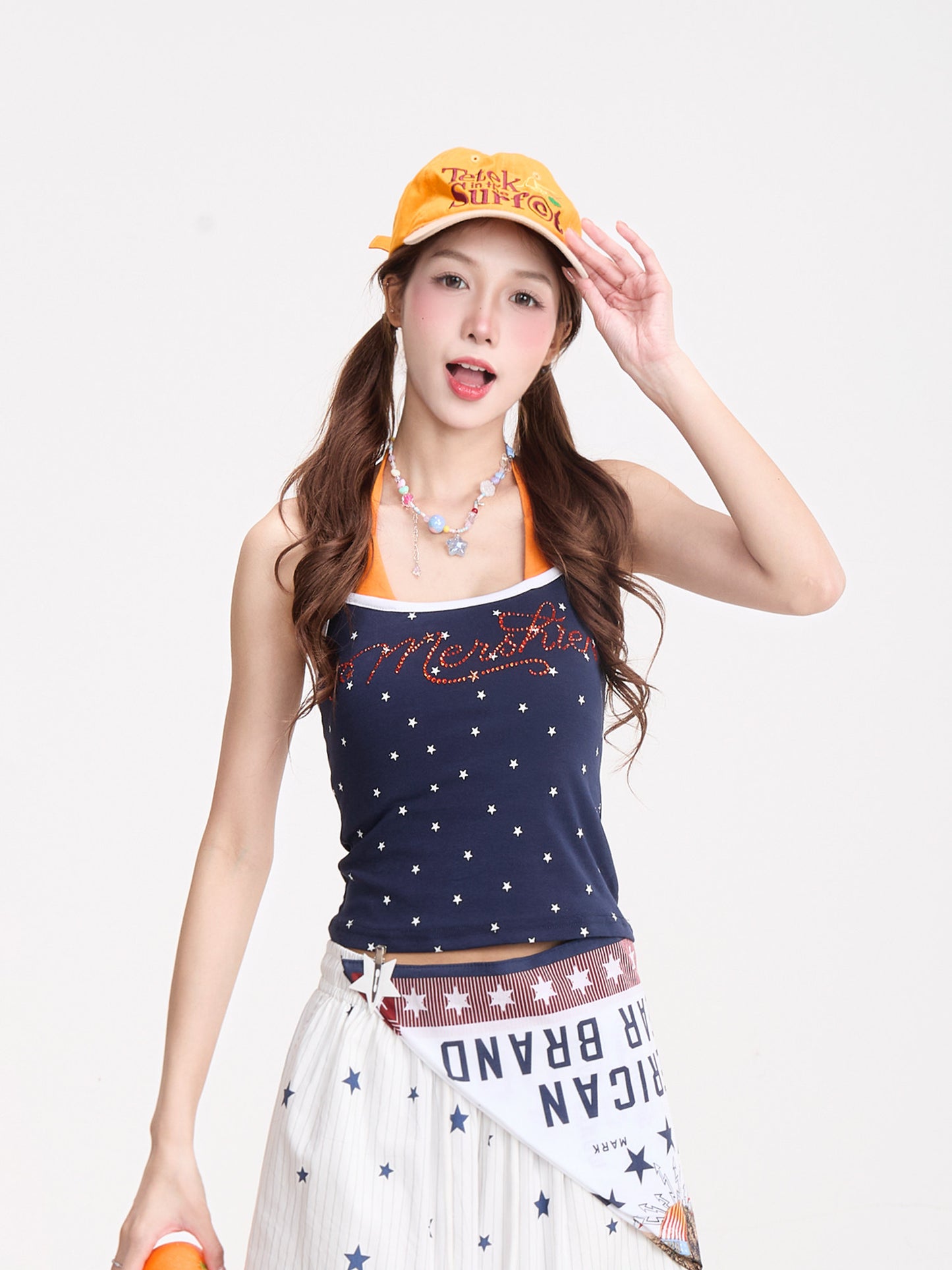 Starry Rhinestone Halter Cami & Plaid Wide-Leg Pants