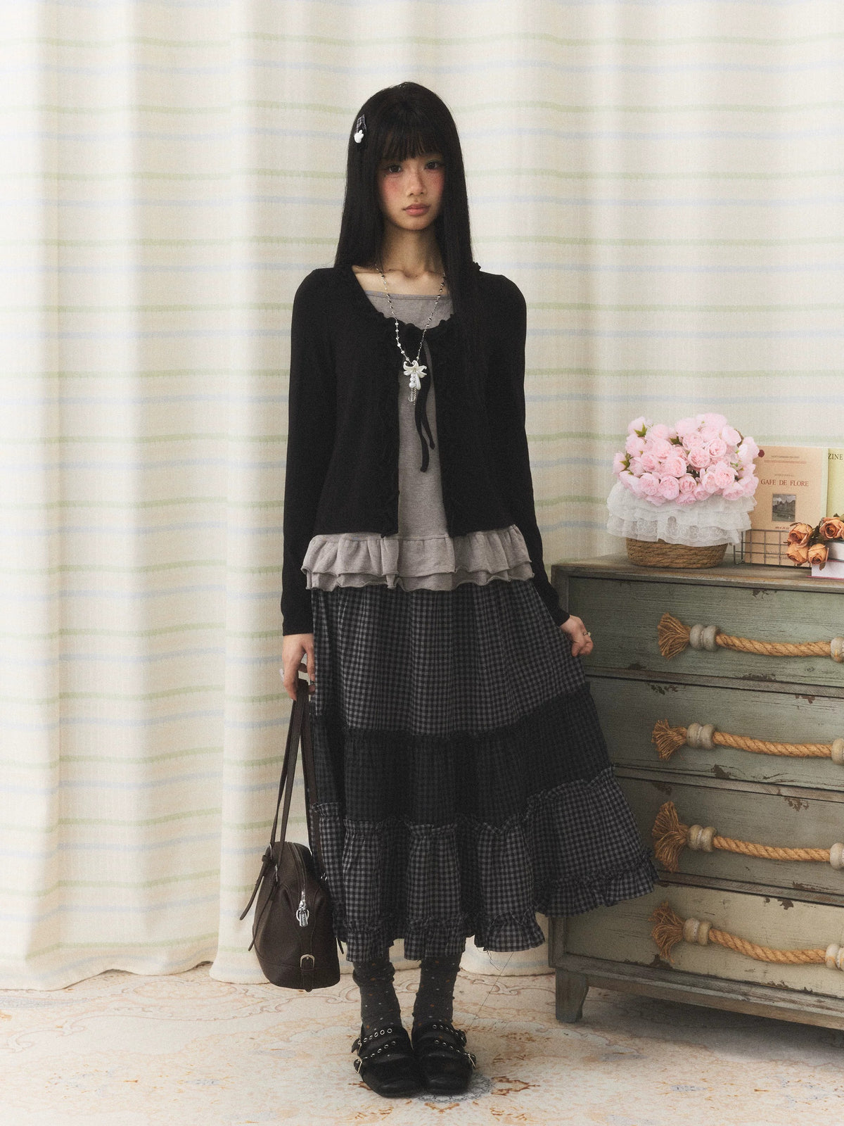 Mixed Plaid Tiered Ruffle Midi Skirt