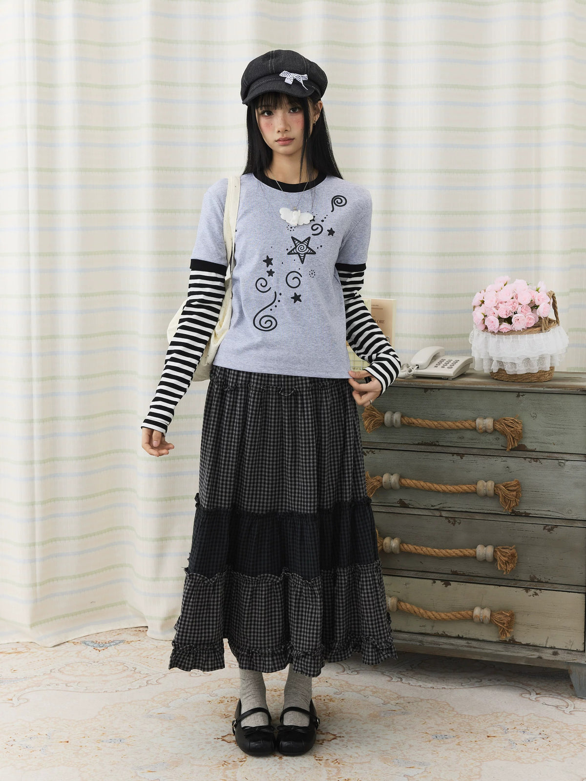 Star Swirl Striped Faux-Layer Long Sleeve Top