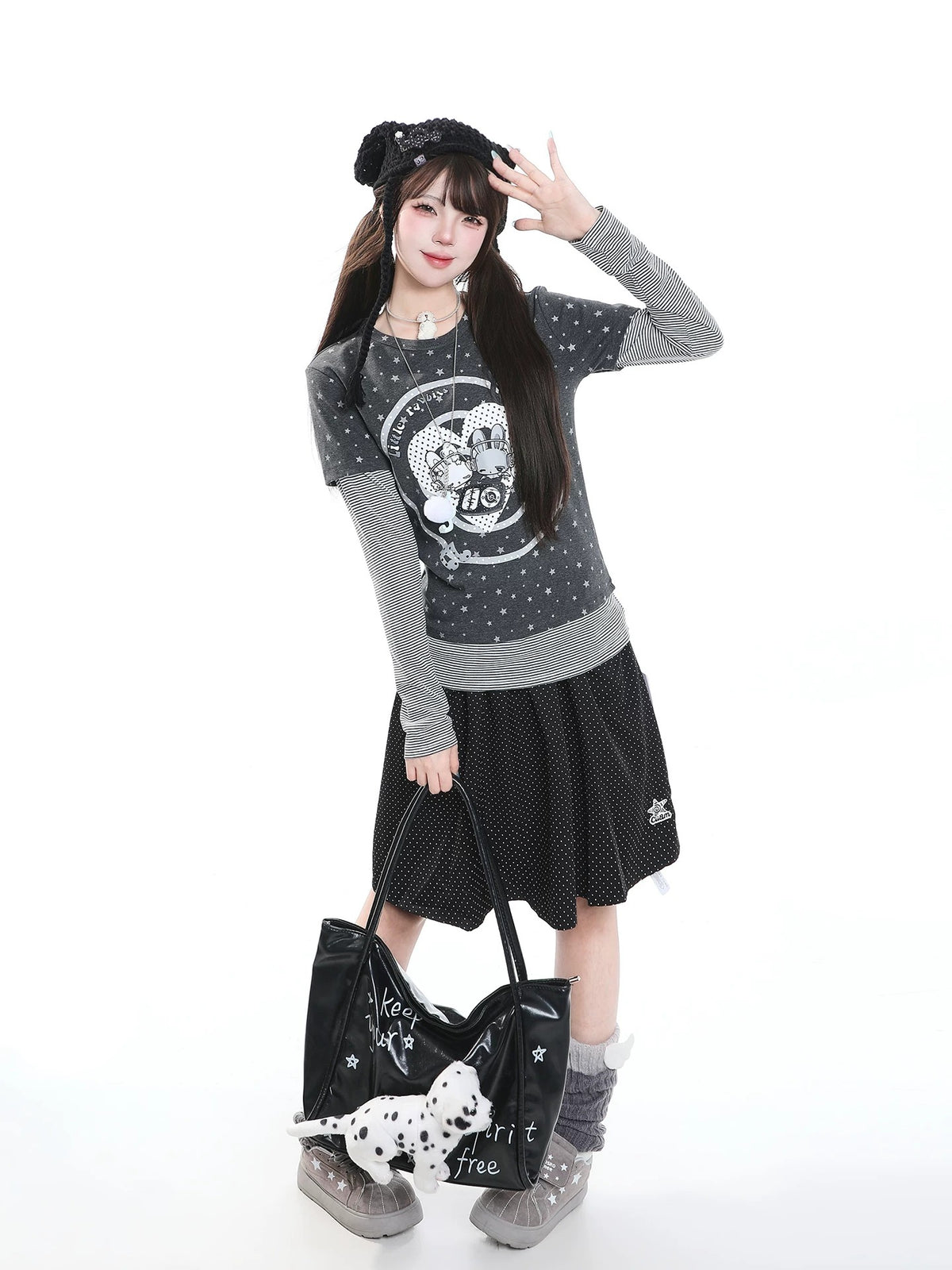 Cartoon Bunny Stripe Layered Long Sleeve Top & Black Polka-Dot Midi Skirt