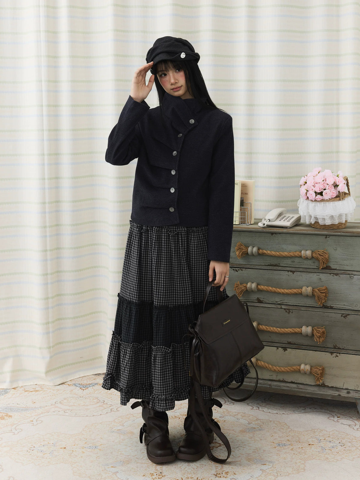 Asymmetric Pleated Collar Cropped Button Jacket