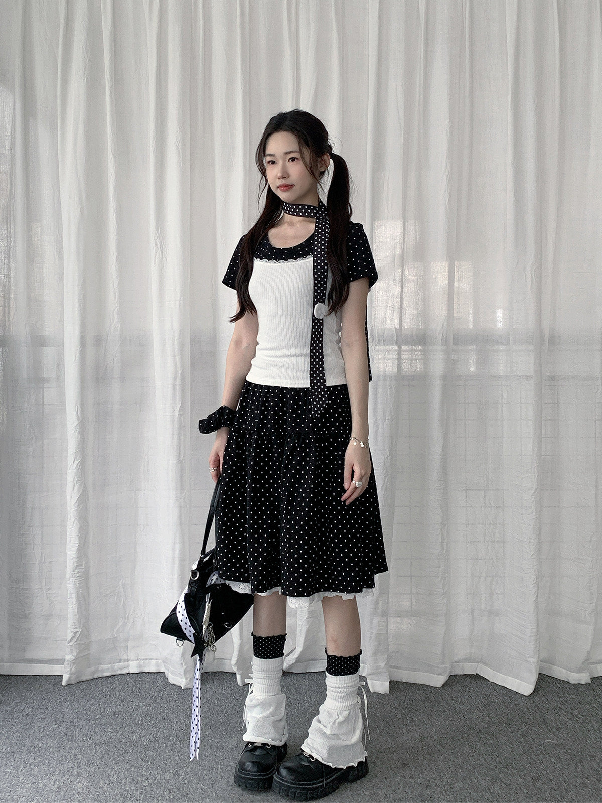 Black Polka Dot Lace-Trim Midi Skirt