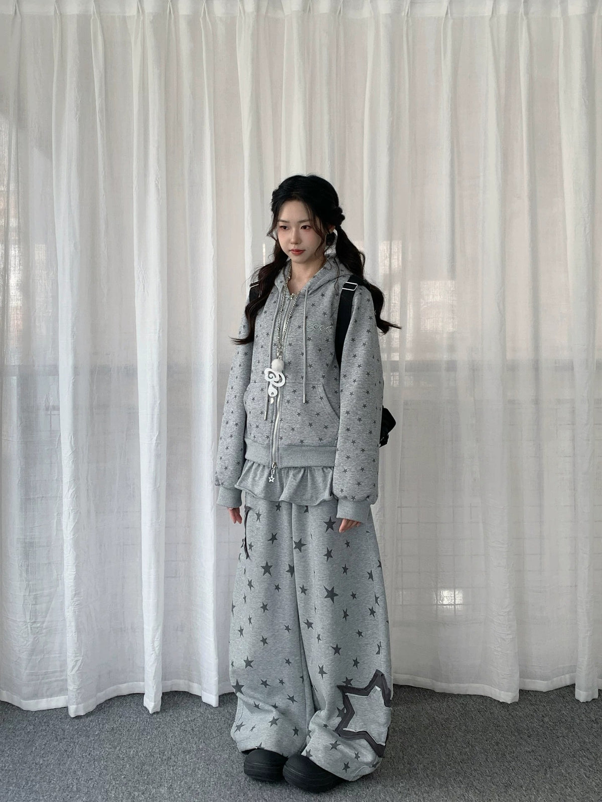 Star Print Detachable Ruffle-Layer Wide-Leg Sweatpants