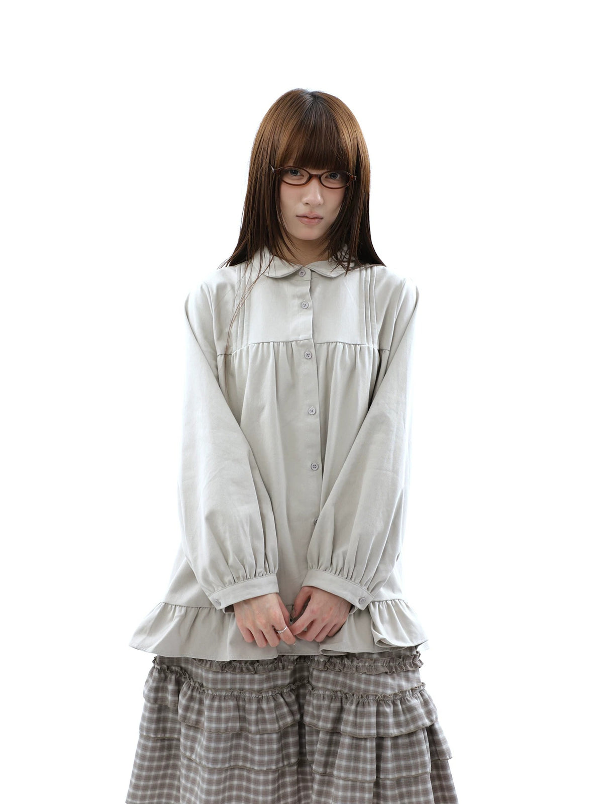Pleated Ruffle Hem Button-Up Long Sleeve Blouse